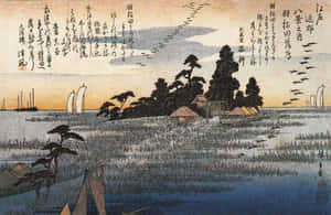 日落時分的日本沿海村莊，帆船和松樹。 — 霧濛濛的森林 壁紙