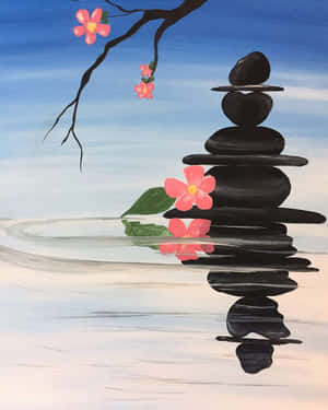 水邊黑色疊石、粉紅櫻花及其倒影。 — 美學大理石 壁紙