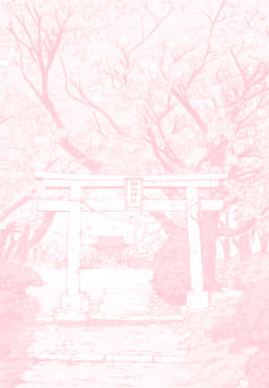 粉紅色鳥居插圖，位於櫻花下，通往神社。 — 美麗的動畫 壁紙