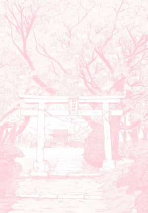 粉紅色插圖中的鳥居，位於櫻花下，通往神社。 — 粉嫩粉彩美學 壁紙