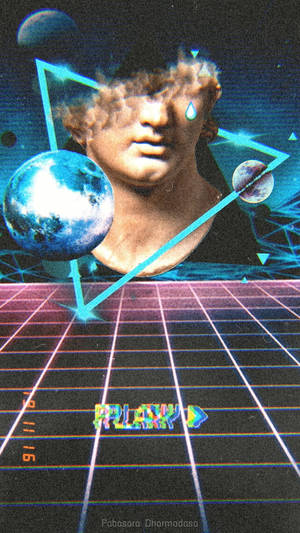 復古數位藝術風格的古典半身像，帶有發光霓虹網格和行星。