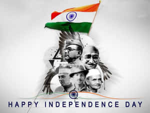 Happy Independence Day 圖像，包含印度領袖和國旗。 — 獨立紀念日 壁紙