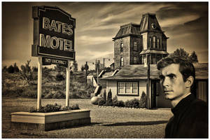 一個男人站在 Bates Motel 招牌和房子前，天空多雲。 — 電視節目 壁紙