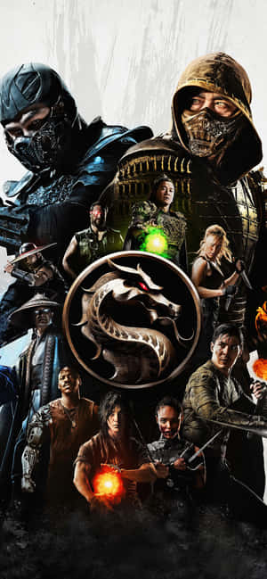 Mortal Kombat 角色以戰鬥姿勢圍繞龍形標誌。 — Galaxy A27 壁紙