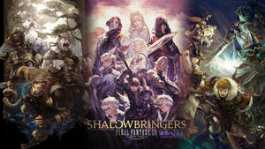 Final Fantasy XIV Shadowbringers 宣傳藝術作品，奇幻角色正在戰鬥。 — Ff14 壁紙