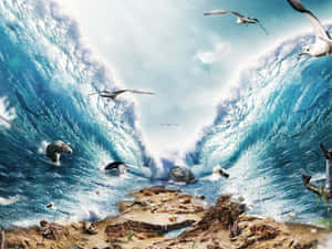 巨大的海浪沖擊岩石海岸，海鷗飛翔，海洋生物清晰可見。 — 聖經經文美學 壁紙
