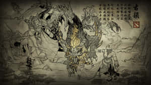 神話中的野獸和戰士以傳統水墨卷軸風格在村莊上空交戰。 — 創意 壁紙