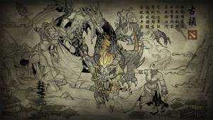 神話中的野獸和戰士在傳統水墨卷軸戰鬥場景中交鋒。 — Dota 2 4K 壁紙