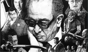 黑白動畫風格插圖，描繪一位戴太陽眼鏡的男子被武裝男子包圍。 — 場 圭介 壁紙