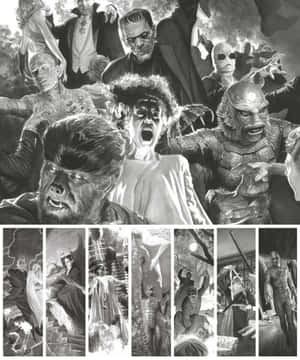 黑白漫畫面板插圖中的經典恐怖怪物。 — 魔物獵人 壁紙