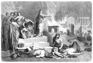 古代人們在燃燒的廢墟和古典建築中哀悼死者。 — 魔法森林 壁紙