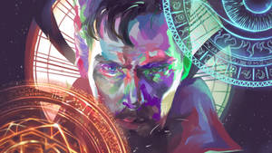 一位眼睛發光的男子，被發光的 mystical 符號和宇宙能量包圍。 — 奇異博士 GIF 壁紙