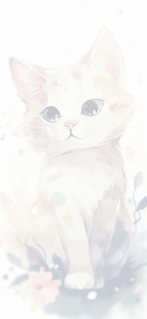 一隻 fluffy 白色小貓，藍色眼睛，被柔和的粉彩花朵環繞。 — iPhone 15 Pro Max 壁紙