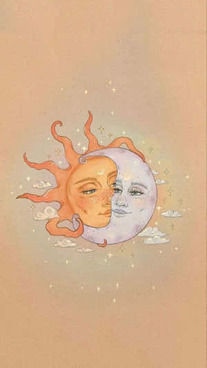 太陽和月亮帶有人類面孔，在星星和雲朵中分享溫柔時刻。 — 美學月亮 壁紙