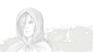一個穿著連帽斗篷的女人，身後有隱約的風景。 — 黑暗靈魂 GIF 壁紙