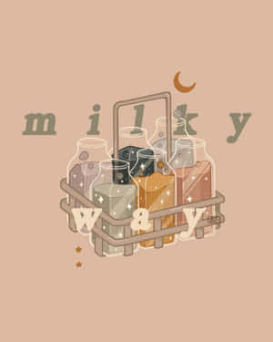金屬箱裝載裝滿星塵的玻璃罐，帶有'milky way'文字和新月。 — 可愛卡通 壁紙