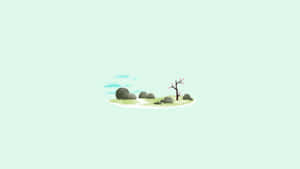 一個小島，有櫻花樹和岩石，背景為柔和薄荷色。 — 春天花朵 壁紙