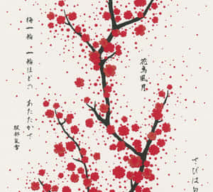 黑色枝條上的紅色櫻花，搭配日本書法，背景為帶紋理的米白色。 — 日式自然壁紙
