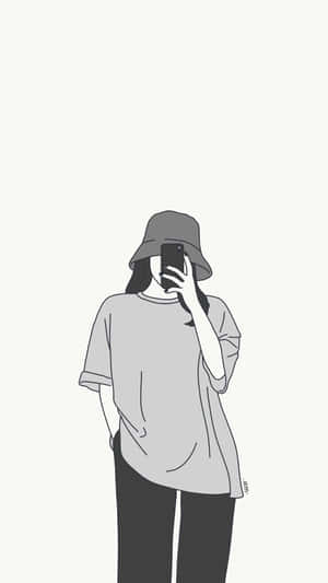 戴漁夫帽的人用手機自拍的極簡插圖。 — 中性風格的動畫女孩 壁紙
