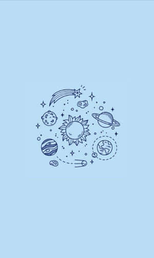 包括太陽、行星和彗星在內的天體，以極簡線條藝術呈現於藍色背景。 — Tecno Megapad 壁紙