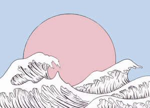 極簡線條藝術插圖中的風格化海浪與粉紅色太陽。 — 最酷的桌面 壁紙