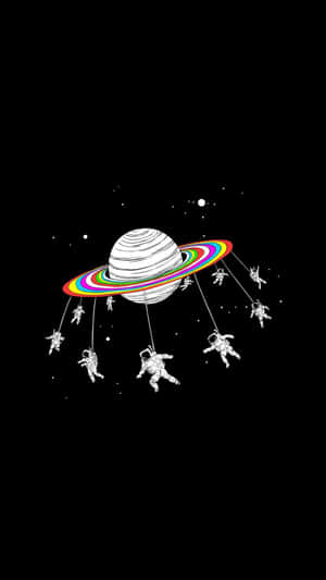 太空人懸掛在太空中的彩虹環行星上。 — 復古90年代風格 壁紙