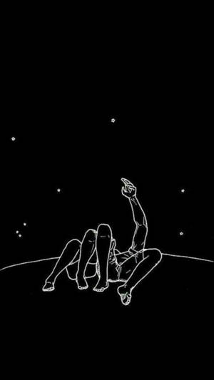 一個人躺在彎曲的地平線上，以極簡線條藝術風格指向星星。 — 美學愛情 壁紙