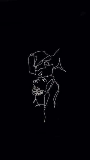 一個人在黑色背景上的極簡線條畫中手持花朵。 — 愛黑白 壁紙