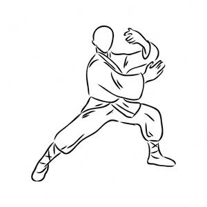 以黑色線條藝術繪製的武術家戰鬥姿勢。 — 運動 壁紙