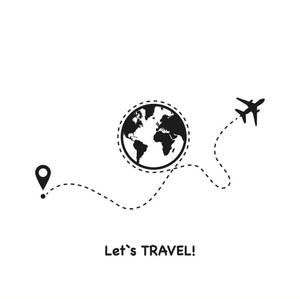 旅行圖標，飛機從圖釘飛到地球儀的路徑，附有文字 Let's TRAVEL