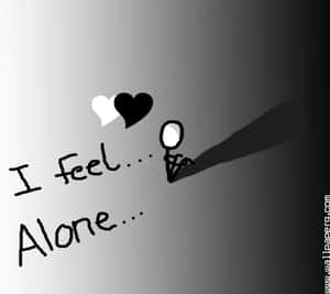 一個火柴人帶有長長的影子，旁邊有文字「I feel... Alone...」和兩顆心。 — 痛苦語錄 壁紙