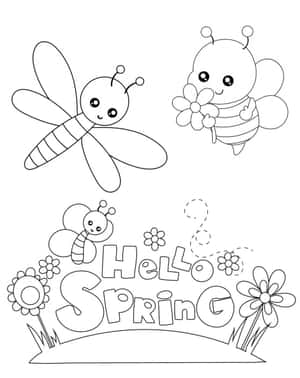 Hello Spring 問候語，帶有卡通蜜蜂、蜻蜓和花朵，供填色。 — 4:5 壁紙