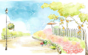 一條水彩公園小徑，有籬笆、盆栽植物和路燈，在藍天下。 — 可愛卡通 壁紙
