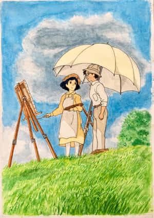 兩個人在長滿草的山丘上，站在雨傘下，一個人在畫架上繪畫。 — iPad Pro 11 壁紙