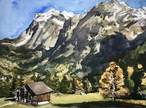 秋日山谷中的質樸木屋，背景是雪山 — 美學大理石 壁紙