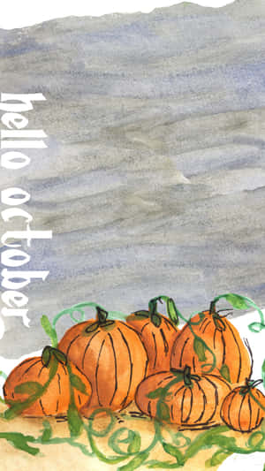 南瓜與綠色藤蔓及 hello october 文字的水彩風格圖像。 — 南瓜 壁紙