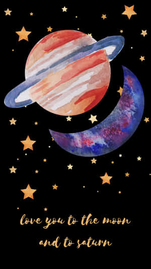 水彩風格的土星和月亮，帶有星星和浪漫文字。 — 泰勒絲 壁紙