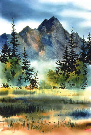 水彩風格中，霧氣繚繞的山景，有常綠樹和草地前景。 — 水彩 壁紙