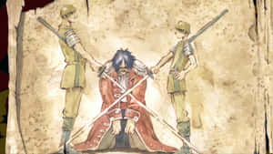 兩個士兵在舊羊皮紙上，用交叉的劍夾著一個跪著的男人。 — 神鬼奇航 壁紙