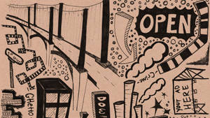 手繪城市草圖，帶有「OPEN」標誌煙霧和塗鴉覆蓋的建築物。 — 童趣風 壁紙