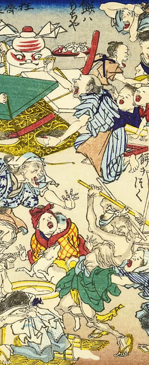 傳統日本木版畫，展示惡魔與人類在混亂的戰鬥場景中。 — Galaxy Z Flip 6 壁紙