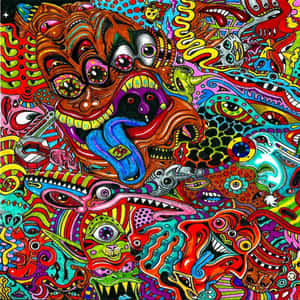 充滿怪獸和發光眼睛的鮮豔超現實藝術作品。 — iPad (A16) 壁紙