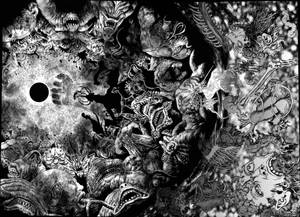 一幅密集的插圖，描繪了怪物面孔和肢體圍繞著黑暗虛空旋轉。 — 烙印勇士 壁紙
