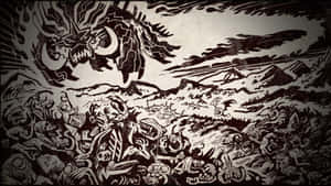 一幅風格化的黑白戰鬥場景，包含怪物生物和一個巨型惡魔。 — 恐怖反派 壁紙