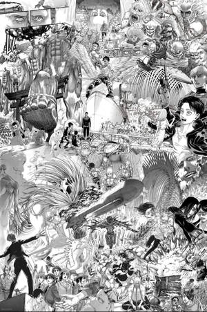 漫畫藝術作品，描繪了巨大的巨人和士兵在混亂的戰鬥場景中。 — 進擊的巨人 4K 壁紙