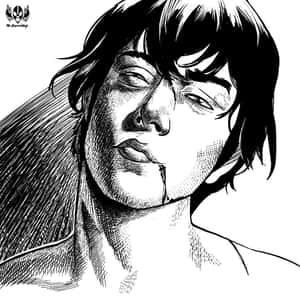 一幅黑白插圖肖像，描繪一個嘴角流血的人。 — 日本動漫 壁紙