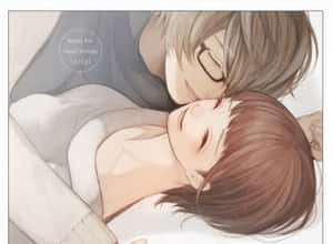 一個戴眼鏡的男孩在溫柔的時刻輕吻一個微笑女孩的額頭。 — 日本動漫 壁紙
