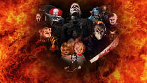 火焰中的恐怖電影怪物，包括 Freddy、Jason 和 Chucky。 — 恐怖反派 壁紙