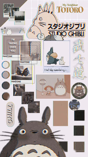 Studio Ghibli 龍貓拼貼畫，包含海報、照片和 Pantone 色票。 — 拼貼 壁紙