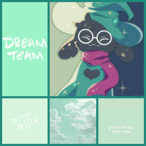 勵志拼貼畫，以貓巫師、雲朵和「dream team」和「just try your best」等短語為特色。 — 夢核 壁紙